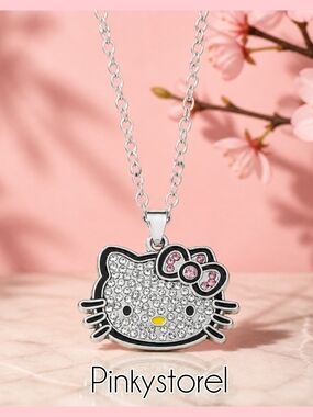 Hello Kitty Silver Crystal Pendant Necklace with Pink Bow Accents